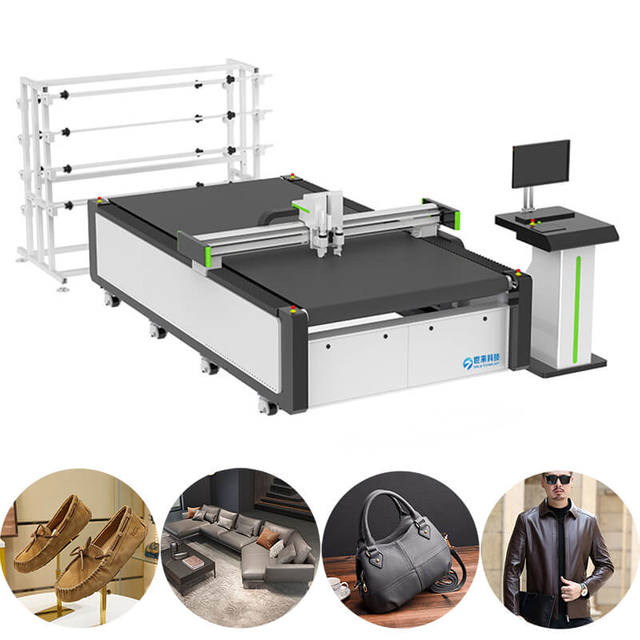 Automatick&aacute; posuvn&aacute; CNC rezačka kože s dopravn&yacute;m stolom